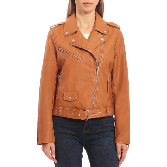 Avec Les Filles Camel Brown Vegan Leather Belted Biker Moto Jacket - Picture 1 of 12